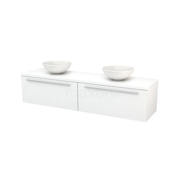 White, modern bathroom unit with 2 drawers and double countertop wash basins, sleek design for a minimalist look.