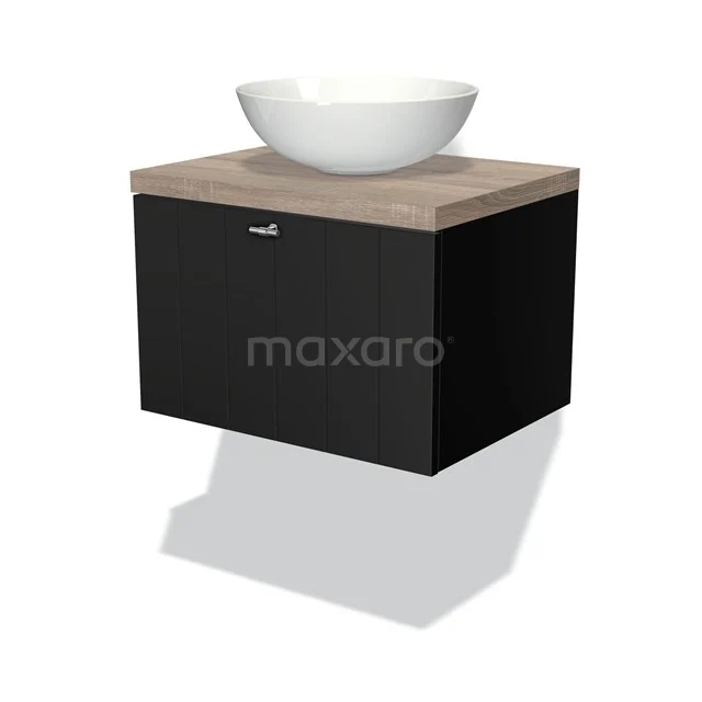 Black bathroom unit with wooden worktop, white round vanity units for countertop wash basin and silver handle; ideal for a modern bathroom.