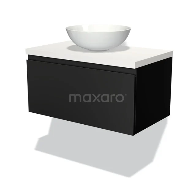 Badmöbelunterschrank mit Konsole 80cm Modulo Plato Matt Schwarz 1 Schublade Grifflos Matt Weiß Platte BMK11-00176 Schwarzes hängendes Badmöbel mit weißem keramischen Aufsatzwaschbecken, modernes Design und geeignet für kompakte Bäder.