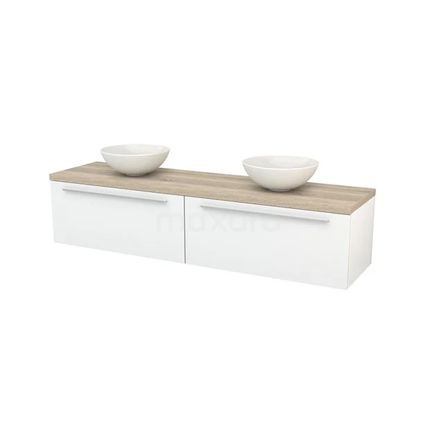 Modulo+ Plato Vanity units for countertop basin | 180 cm High-gloss white Flat front Oak worktop 2 Side-by-side drawers BMK002353 Modern white bathroom furniture set with wood accent, double basin bowls and soft-close drawers. Perfect for stylish bathrooms.