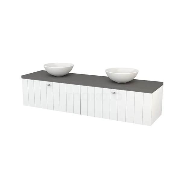 White wooden Bathroom unit with two oval vanity units for countertop wash basins and dark grey worktop, sleek design ideal for a modern bathroom.