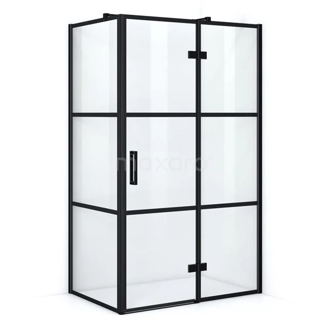 Pearl Shower enclosure | 120x80 cm Matte black Clear with 4 black stripes Pivot door Rectangle CPB0866328M Black steel shower enclosure with clear glass panels and grid pattern, perfect as a stylish addition to any modern bathroom.