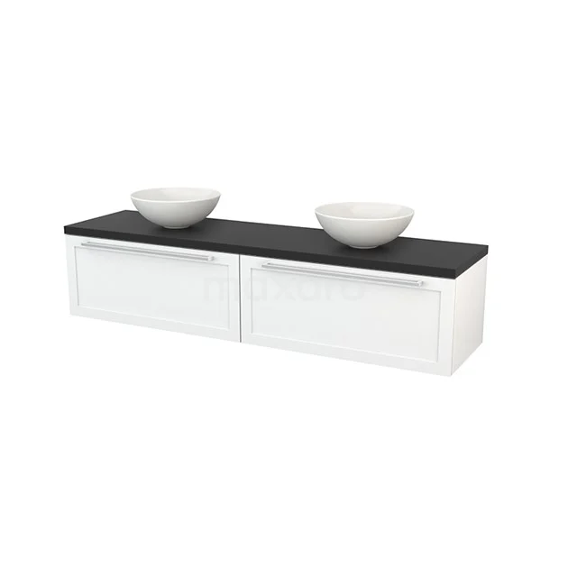 Double white bathroom furniture set with black basin worktop and two round countertop wash basins, modern and sleek design.