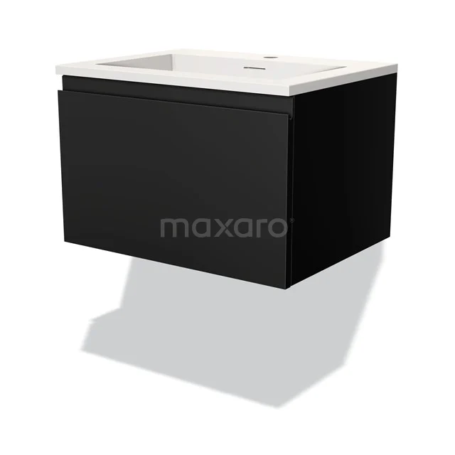 Zwarte hangende wastafelmeubel met witte keramische wasbak, modern design voor een stijlvolle badkamer.
