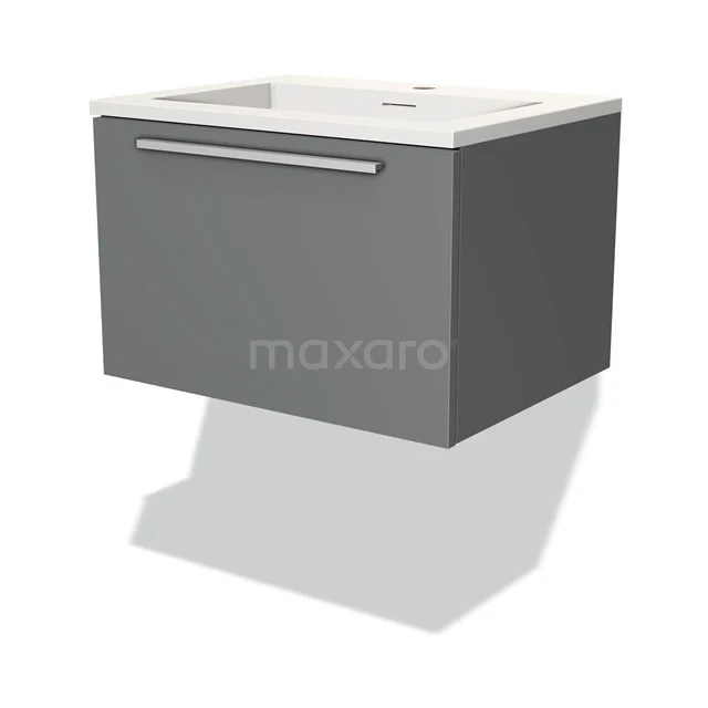 Grijze zwevende badkamerkast met een witte wastafel, modern design en handige lade, ideaal voor stijlvolle badkameropslag.