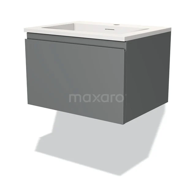 Grijze zwevende wastafelmeubel met witte keramische wasbak, modern design voor stijlvolle badkamerinrichting.