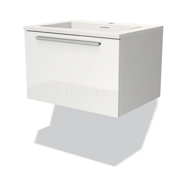 Badmöbel 60cm Modulo Hochglanz Weiß 1 Schublade Flaches Waschbecken Solid Surface BMW11-02535 Weißer hängender Badschrank mit Schublade, Hochglanz-Oberfläche, modernes Design, ideal für kompakte Badezimmerlagerung.
