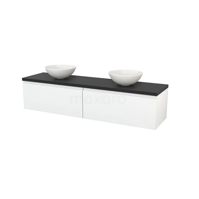 White suspended bathroom unit with black stone worktop and double basin, modern style for a luxurious bathroom.