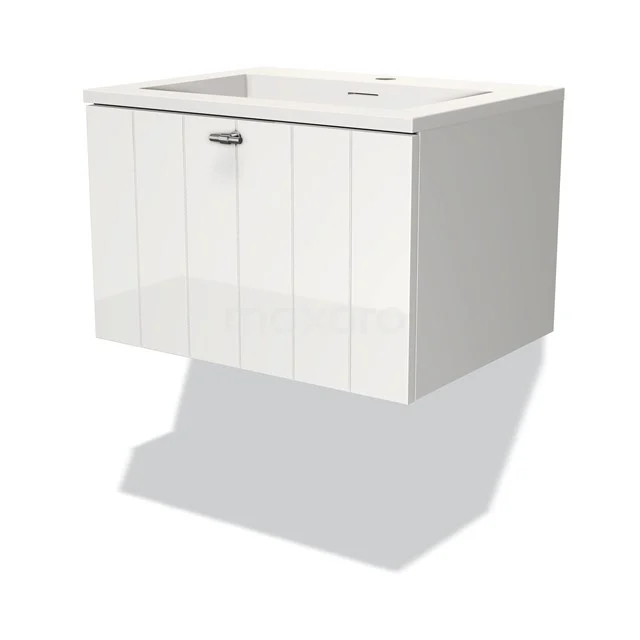 Weiße hängende Badmöbel mit vertikalen Paneelen und chromfarbener Haltegriff, ideal für moderne Badezimmer.