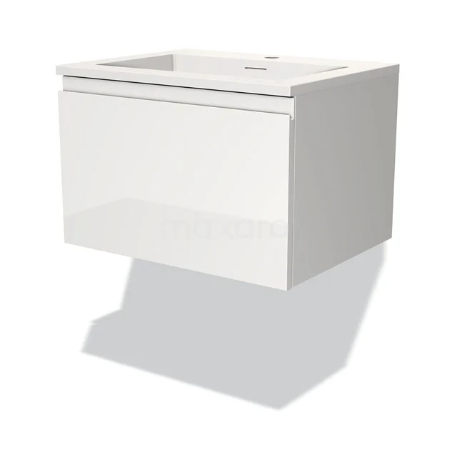 Witte, hangende badkamerkast met hoogglans afwerking, softclose lade en geïntegreerde wastafel, modern en ruimtebesparend ontwerp.