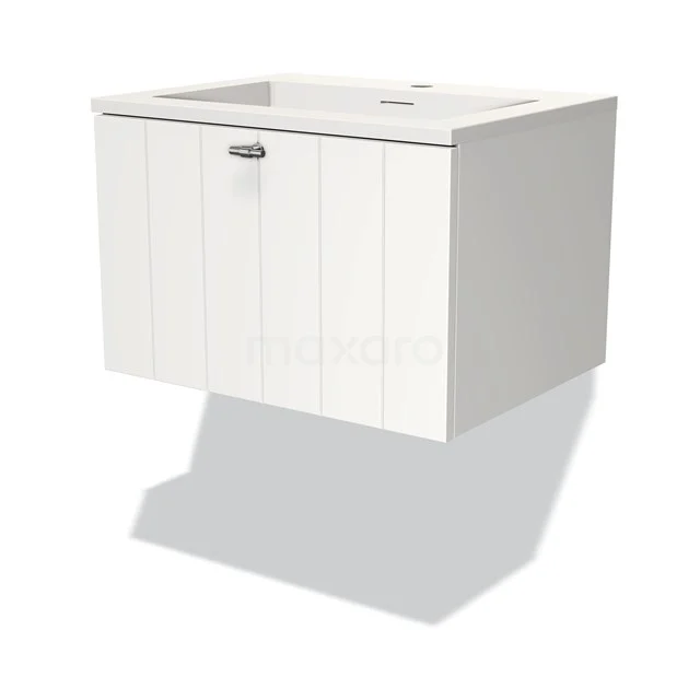White hanging bathroom unit with wood pattern, 1 soft-close drawer and ceramic basin, modern design for compact bathrooms.