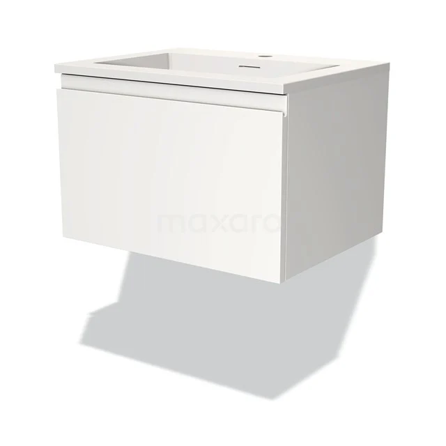 Witte, zwevende badkamer wastafelonderkast, strak ontwerp, hoogglans afwerking met soft-close lade.