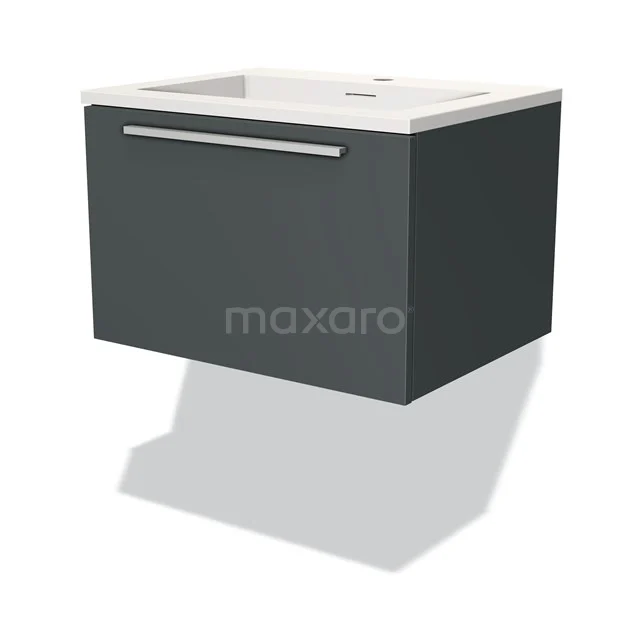 Antraciet hangend badkamermeubel met één lade, stijlvol design, softclose-systeem en geïntegreerde wastafel.