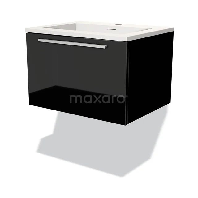 Schwarzer hängender Badschrank mit Hochglanzoberfläche, einem integrierten Waschbecken und metallischem Haltegriff für moderne Badezimmer.