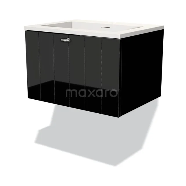 Zwarte zwevende badkamermeubel met een glanzende afwerking, wit wastafelblad en metalen handgreep. Modern design.