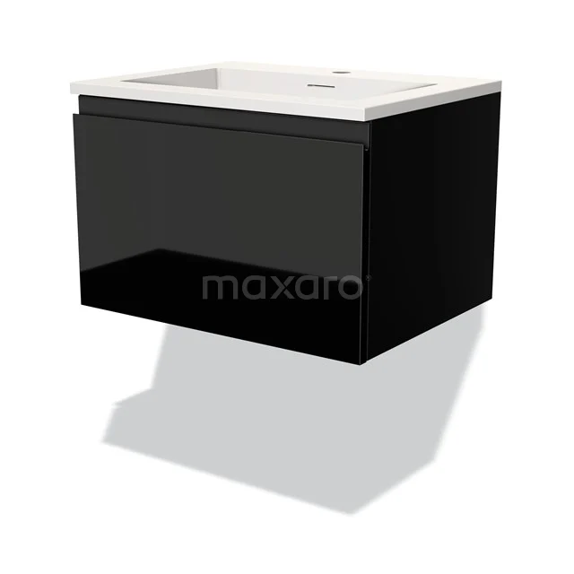 Black wall-mounted bathroom cabinet with high-gloss finish and white basin, ideal for modern bathroom design.