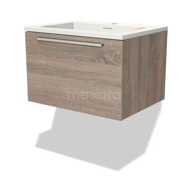 Houten badkamermeubel met lade, muurhangend design en witte wastafel, ideaal voor een moderne badkamer.