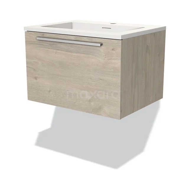 Hangende badkamerkast in licht hout met witte wastafel, modern design en metalen handgreep, ideaal voor compacte badkamers.