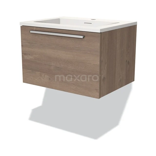 Houten badkamerkast met lade, wandmontage en witte wastafel, modern ontwerp uit premium badkamermeubelserie.