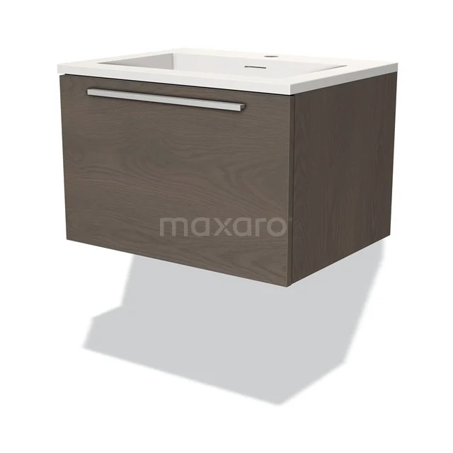 Wandhangend badkamermeubel, houtlook, met witte wastafel en metalen handgreep, modern design voor badkameropslag.
