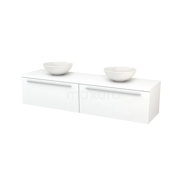 Double white bathroom furniture set with two countertop basins, sleek design and metal handles, ideal for modern bathrooms.