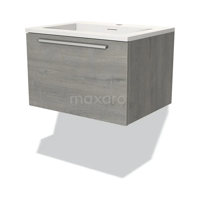 Grijze zwevende badkamerkast met houtstructuur, lade met metalen handgreep en witte wastafel, modern design.