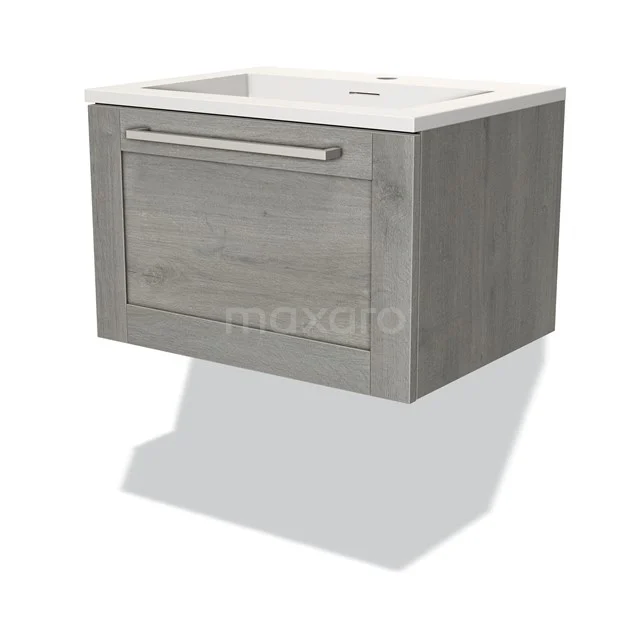 Houten zwevend badmeubel met lade, grijze eikenlook, inclusief witte wastafel. Modern badkamermeubel voor compact design.