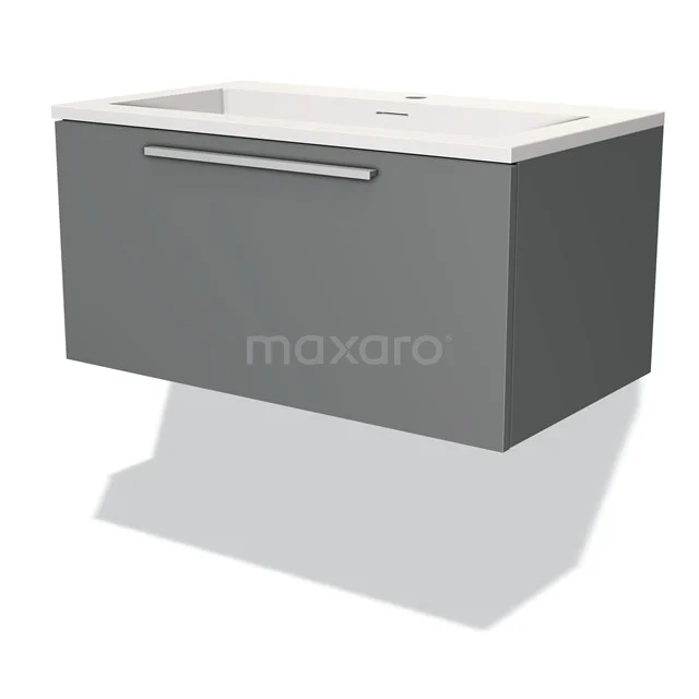 Grijze hangende badkamerkast met een witte wastafel, minimalistisch design en metalen handgreep, ideaal voor moderne badkamers.