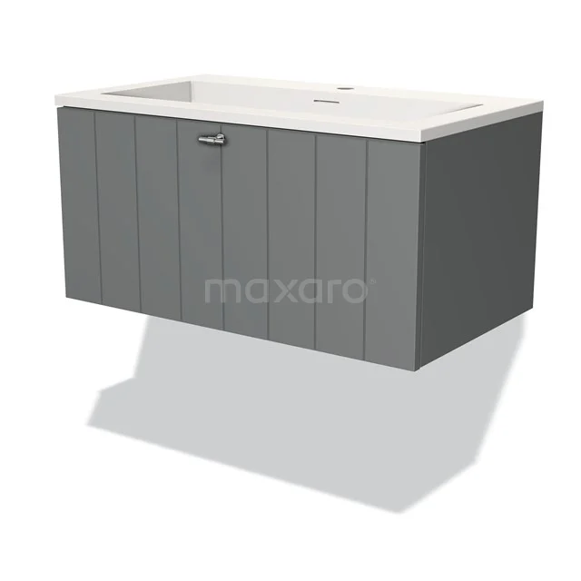 Grey hanging bathroom cabinet with wood look, double door and white sink, modern design for a stylish bathroom.
