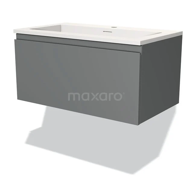 Grijze zwevende badkamerkast met witte wastafel, minimalistisch design, ideaal voor moderne badkamers.