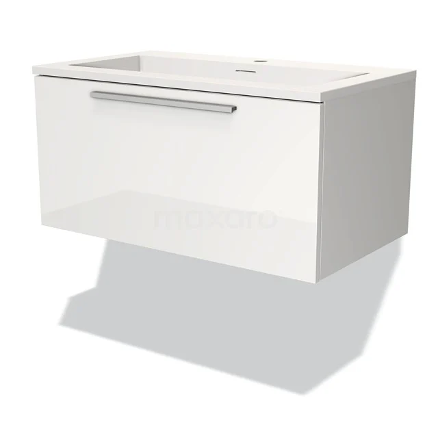 Wit hangend badkamermeubel met één lade, glanzende afwerking en geïntegreerde wastafel, ideaal voor moderne badkamerstijl.