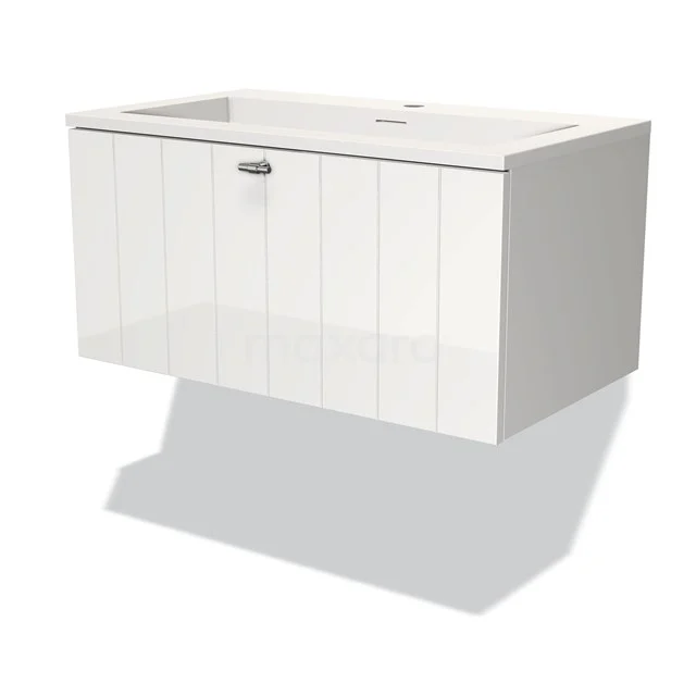 White hanging bathroom unit with soft-close drawers and glossy finish, modern design suitable for compact bathrooms.
