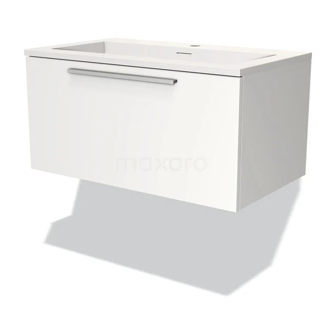 White hanging bathroom cabinet with drawers, elegant chrome handle, modern design and high-gloss finish.