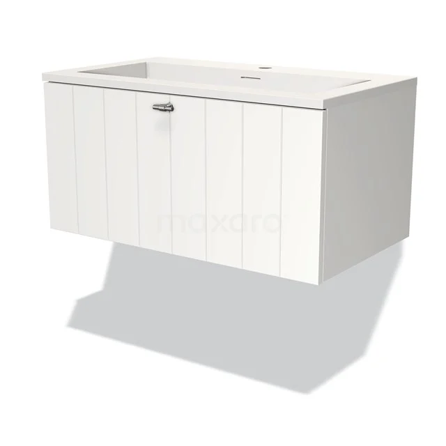 White floating bathroom cabinet with basin, modern vertical lines, soft-close drawers and durable materials.