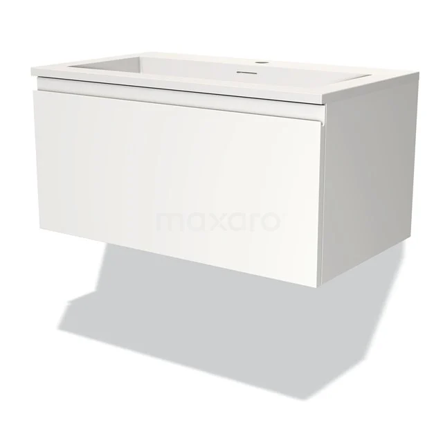 White hanging bathroom unit with tight corners and soft-close drawers, including vanity units with basin made of ceramic from the Modern Line series.