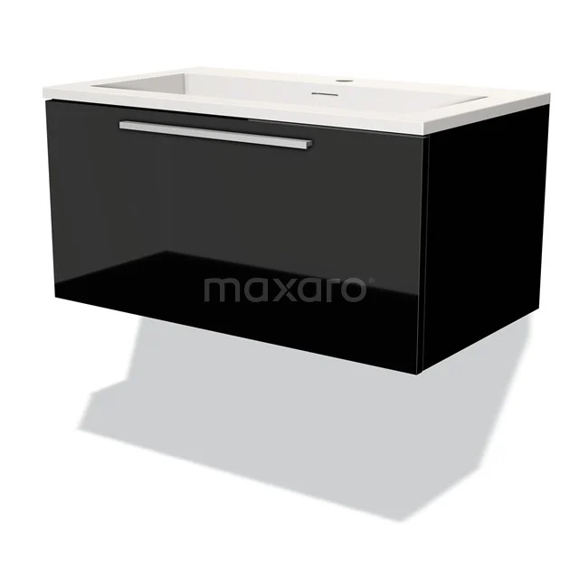 Zwarte zwevende badkamerkast met witte wastafel, chroom handgreep en strak design; ideaal voor moderne badkamerinrichting.