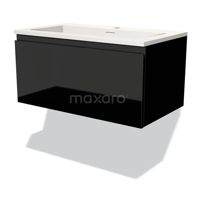 Black suspended bathroom unit with glossy finish and integrated white vanity units with basin, modern design.