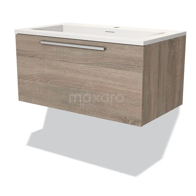 Houten badkamermeubel met lade, zwevend ontwerp, inclusief keramische wastafel; modern eiken afwerking, ideaal voor badkamer.
