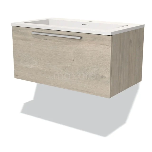 Houten badmeubel met lade, geïntegreerde wastafel en moderne handgreep, ideaal voor een stijlvolle badkamer inrichting.