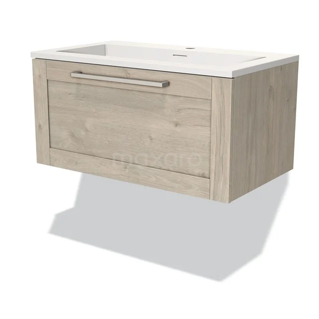 Modulo Waschtische | 80 cm Hellgraue Eiche Rahmen front Solid Surface 1 Schublade BMW11-02582 Holz-Badmöbel mit Waschbecken, hängendes Design, helle Eiche-Oberfläche, ideal für stilvolle und funktionale Bäder.