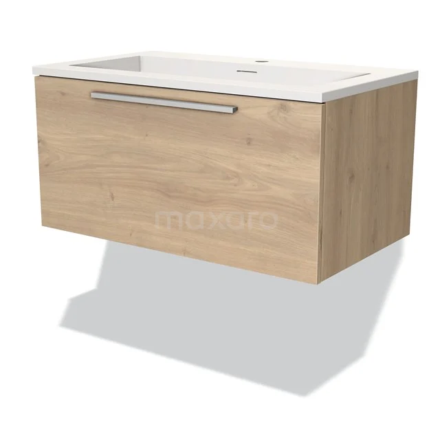 Houten badkamermeubel met wastafel, wandmontage, licht eiken afwerking, geïntegreerde handgreep, modern en stijlvol ontwerp.