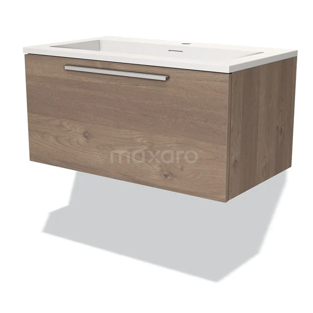 Wooden bathroom unit with basin, floating design and drawer handle, Oak look, ideal for modern bathroom design.