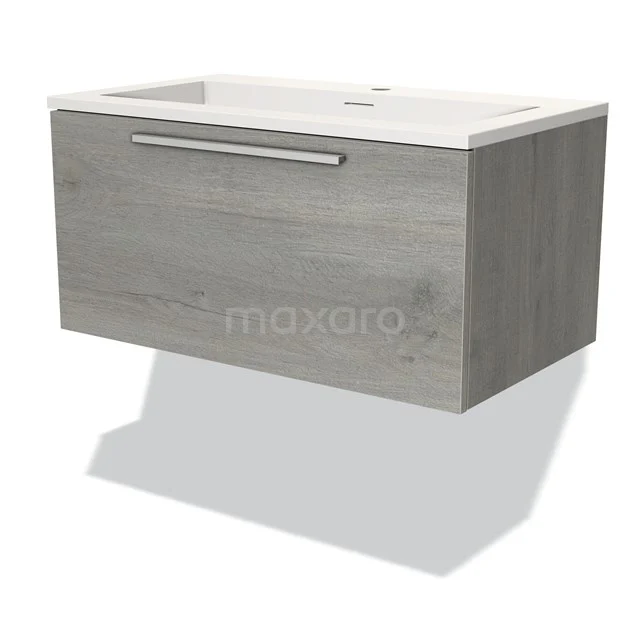 Grey wooden vanity units with basin, modern design and integrated white basin, suitable for stylish bathroom design.