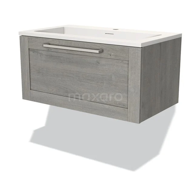 Graues Holz-Waschtischmöbel mit Schublade und Edelstahl-Haltegriff, inklusive weißem Waschbecken, perfekt für moderne Badezimmergestaltung.