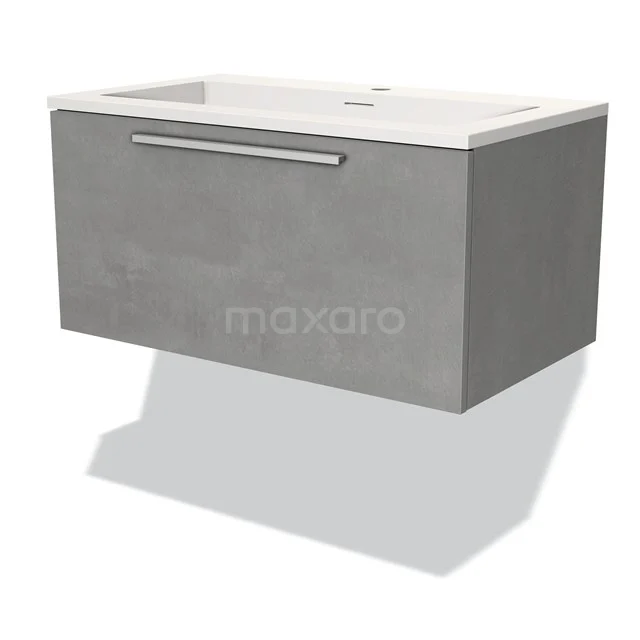 Badmöbel 80cm Modulo hellgrauer Beton 1 Schublade Flaches Waschbecken Solid Surface BMW11-02591 Grauer hängender Badschrank mit Betonlook, Softclose-Schublade und integriertem Waschbecken, modernes Design für stilvolle Bäder.