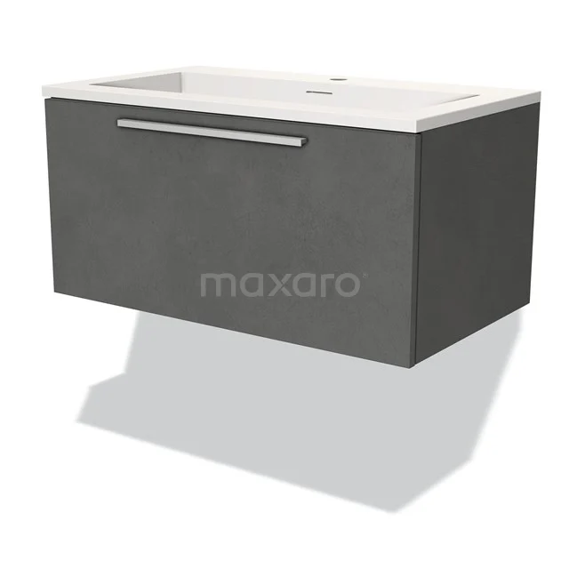 Graues Waschtischmöbel mit klarer Form, hängendem Design und einem weißen Keramikwaschbecken, perfekt für ein modernes Badezimmer.