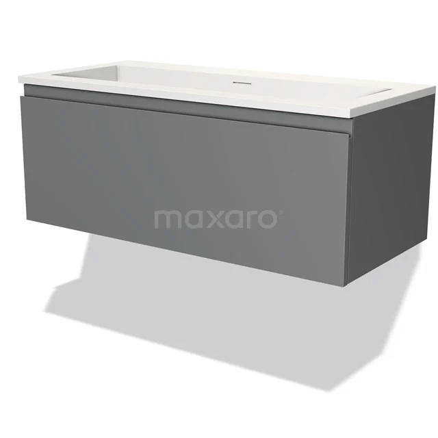 Grey hanging vanity unit with sleek design, white ceramic sink and modern finish, perfect for any bathroom.