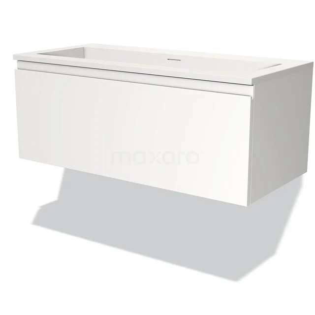 Witte hangende badkamerkast met hoogglans afwerking, lade en geïntegreerde wastafel; modern en strak design.