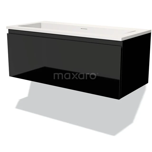 Black wall-mounted vanity unit with glossy finish and white ceramic basin, ideal for modern bathrooms.