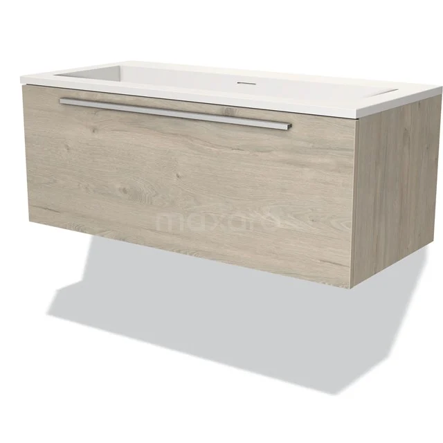 Modern oak bathroom unit with white vanity units with basin and integrated drawer, ideal for stylish bathroom storage.